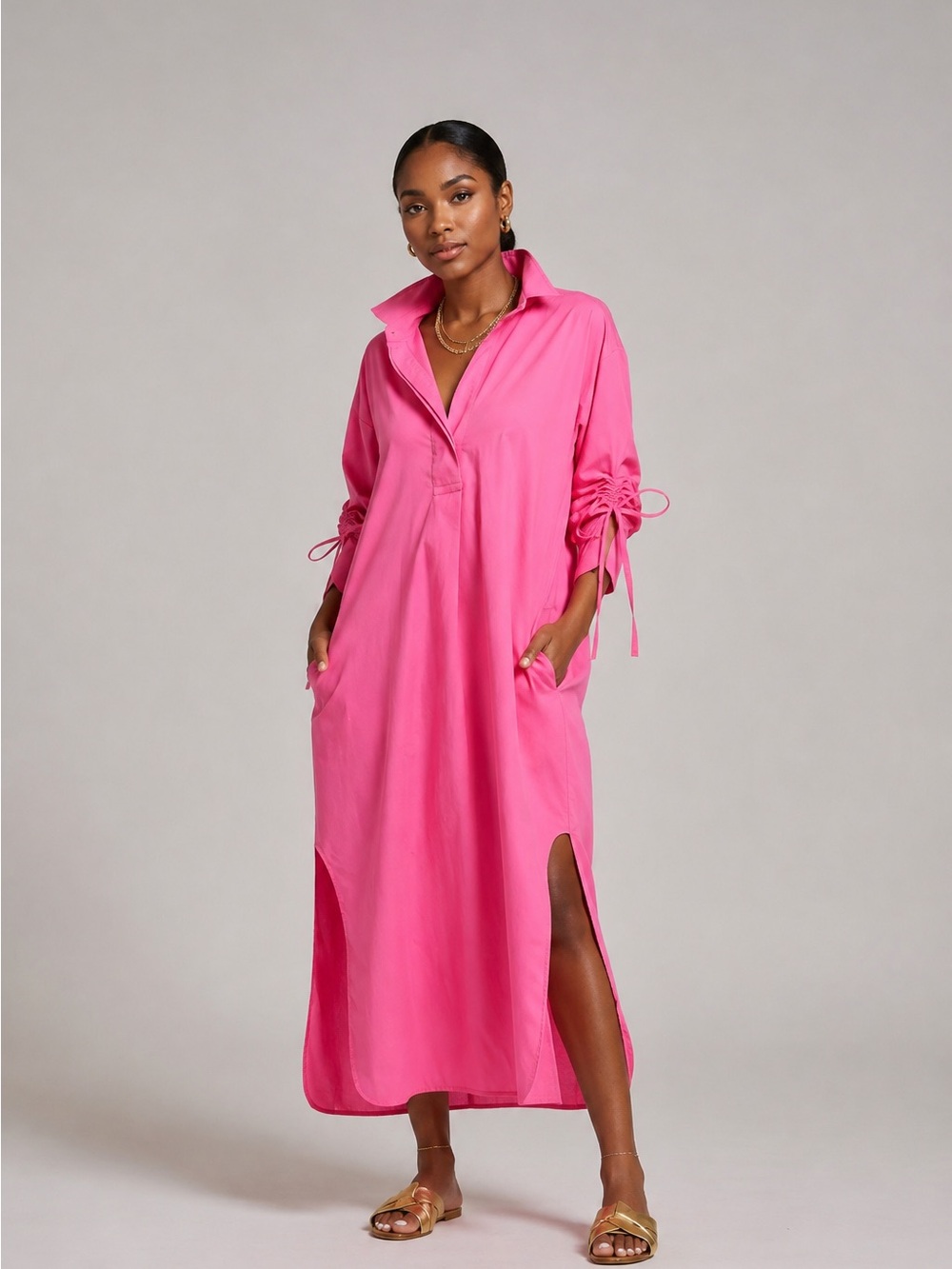 Shirty Australia Millie Hot Pink Cotton Poplin Shirt Dress Resort Midi M Medium
